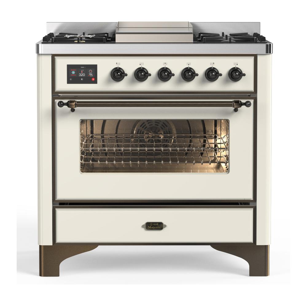 Ilve UM36FNR3AWB Ilve Um36Fnr3Awb Majestic Iii 36 Inch Dual Fuel Range With 6 Black Brass Burners And Griddle, Dual Function Burner Up To 25,000 Btu (Triple Glass Door, Antique White, Burnished, Natural Gas)