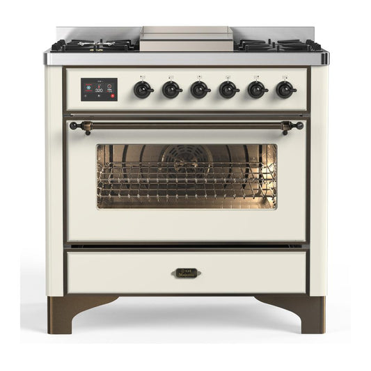 Ilve UM36FNR3AWB Ilve Um36Fnr3Awb Majestic Iii 36 Inch Dual Fuel Range With 6 Black Brass Burners And Griddle, Dual Function Burner Up To 25,000 Btu (Triple Glass Door, Antique White, Burnished, Natural Gas)