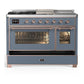 Ilve UM48FSNR3BGP Ilve Um48Fsnr3Bgp Majestic Iii 48 Inch Dual Fuel Range With 5 Black Brass Burners, Griddle And French Top, Dual Function Burner Up To 25,000 Btu (Natural Gas, Triple Glass Door, Blue Grey, Copper)