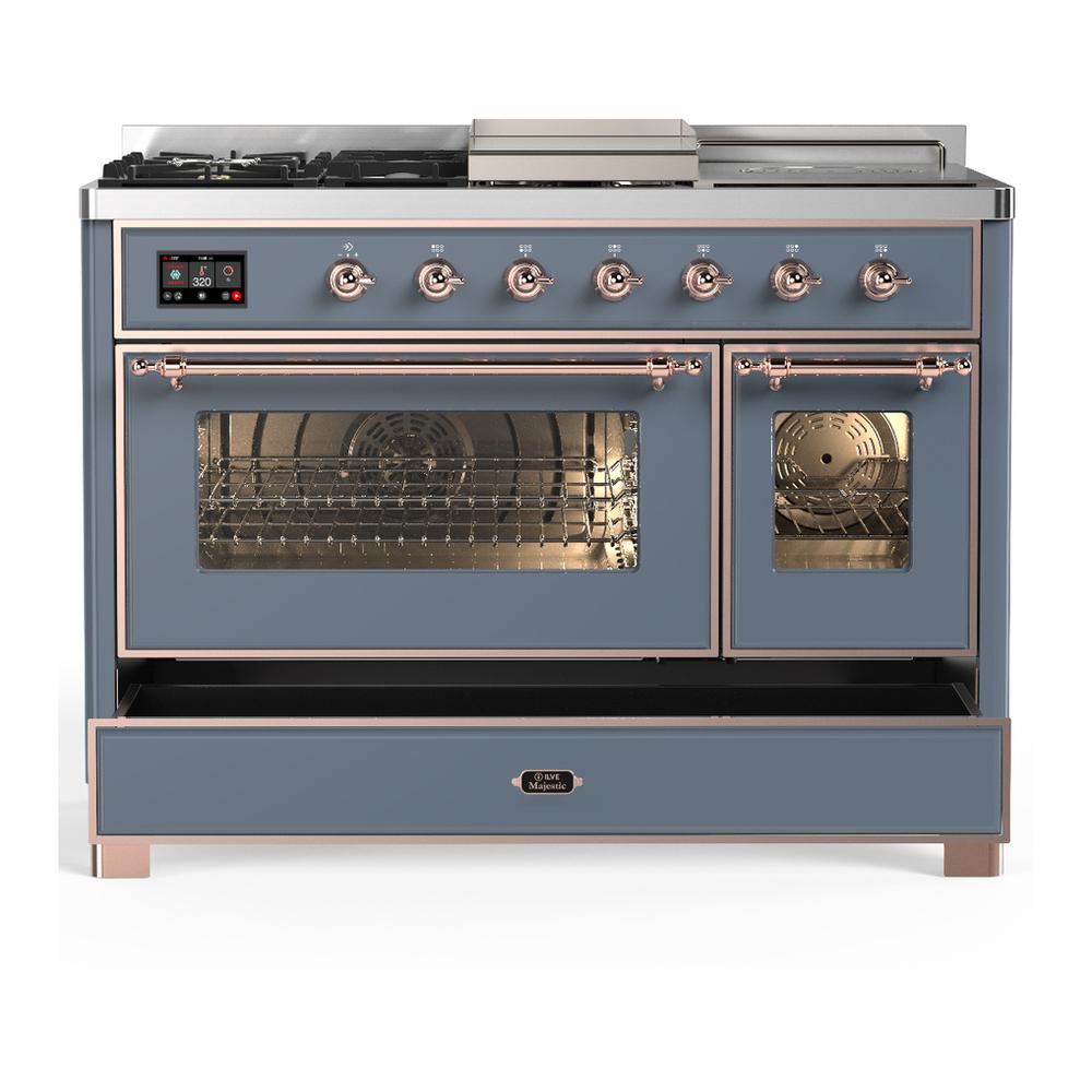 Ilve UM48FSNR3BGP Ilve Um48Fsnr3Bgp Majestic Iii 48 Inch Dual Fuel Range With 5 Black Brass Burners, Griddle And French Top, Dual Function Burner Up To 25,000 Btu (Natural Gas, Triple Glass Door, Blue Grey, Copper)