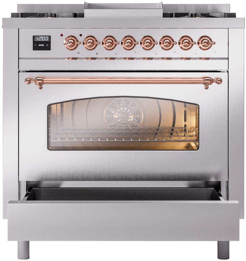 Ilve UP36FNMPSSPLP Nostalgie Ii 36 Inch Dual Fuel Liquid Propane Freestanding Range In Stainless Steel With Copper Trim