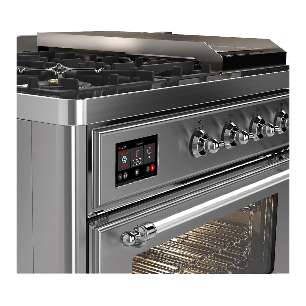 Ilve UM48FSNR3SSCLP Ilve Um48Fsnr3Ssclp Majestic Iii 48 Inch Dual Fuel Range With 5 Black Brass Burners, Griddle And French Top, Dual Function Burner Up To 25,000 Btu (Liquid Propane, Triple Glass Door, Stainless Steel, Chrome)