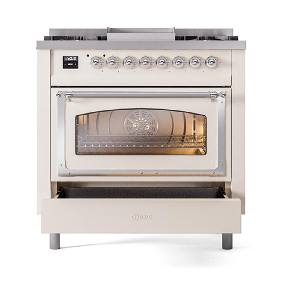 Ilve UN36FNMPAWC Ilve Un36Fnmpawc Nostalgie Ii Noblesse 36" Dual Fuel Range (Natural Gas, Triple Glass Door, Antique White, Chrome)