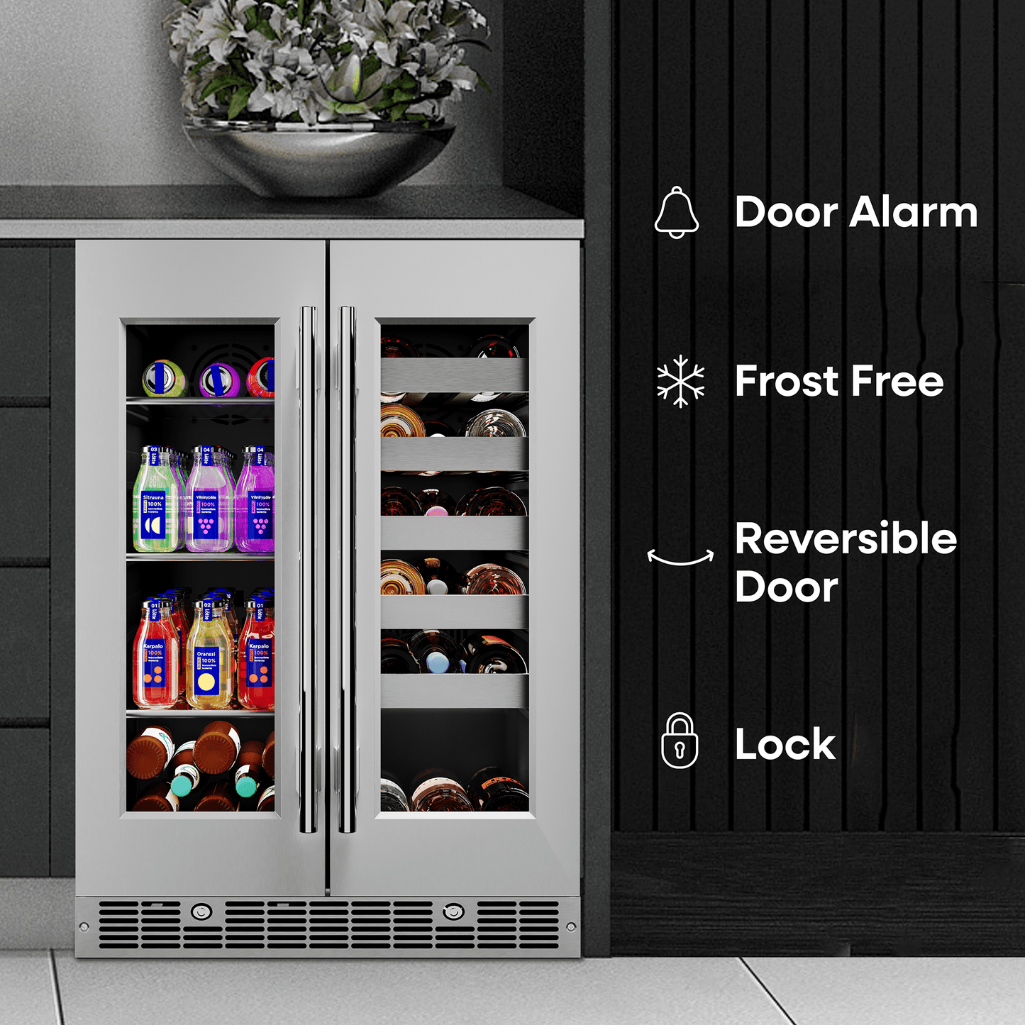 Element Appliance EFB24DES Cellara By Element 24 In., 27 Bottle And 45 Can Dual Zone French Door Wine And Beverage Cooler - Efb24Des
