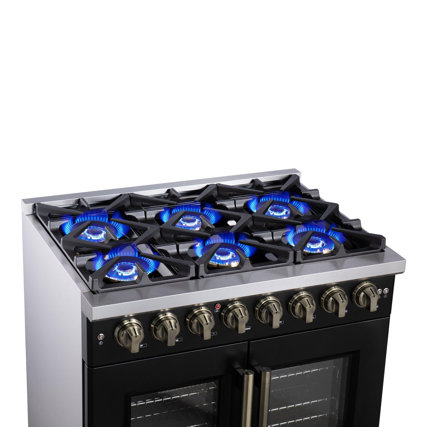 Forno FFSGS638736BLK Forno Capriasca 36 Inch Freestanding French Door Dual Fuel Range In Black With Antique Brass Accessories, 6 Burners, True Convection Oven