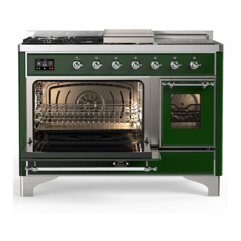 Ilve UM48FSNR3EGCLP Ilve Um48Fsnr3Egclp Majestic Iii 48 Inch Dual Fuel Range With 5 Black Brass Burners, Griddle And French Top, Dual Function Burner Up To 25,000 Btu (Liquid Propane, Triple Glass Door, Emerald Green, Chrome)