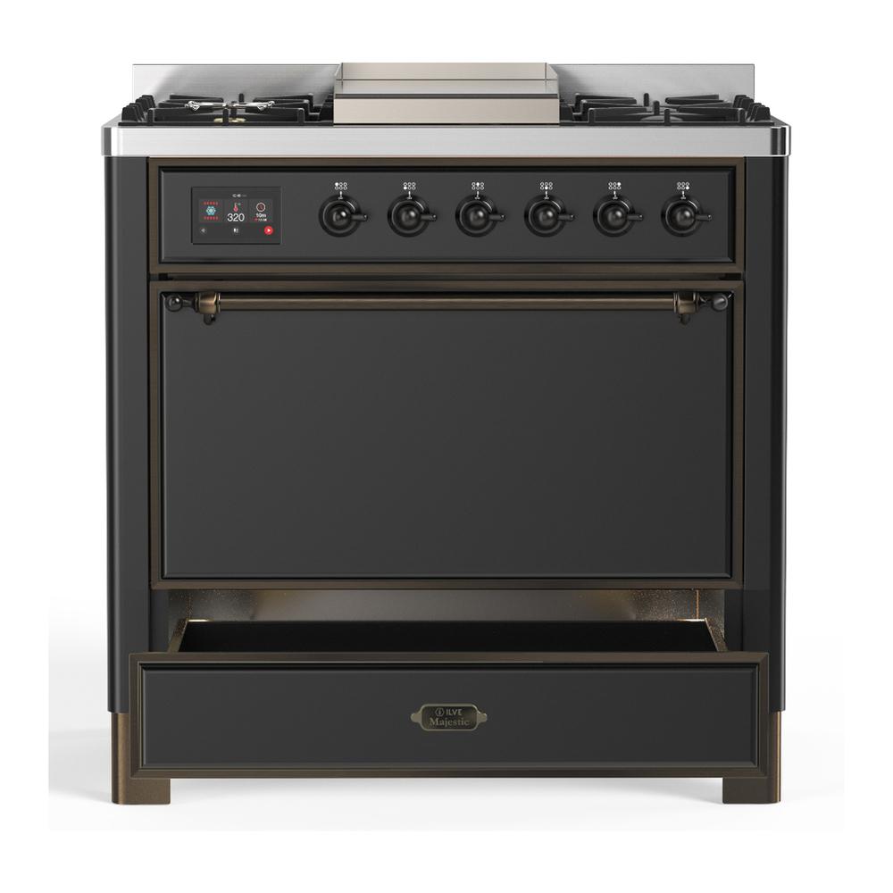 Ilve UM36FQNR3MGBLP Ilve Um36Fqnr3Mgblp Majestic Iii 36 Inch Dual Fuel Range With 6 Black Brass Burners And Griddle, Dual Function Burner Up To 25,000 Btu (Solid Door, Graphite Matte, Burnished, Liquid Propane)