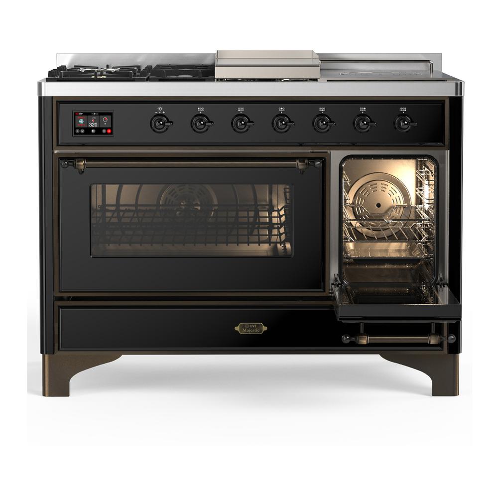Ilve UM48FSNR3BKB Ilve Um48Fsnr3Bkb Majestic Iii 48 Inch Dual Fuel Range With 5 Black Brass Burners, Griddle And French Top, Dual Function Burner Up To 25,000 Btu (Natural Gas, Triple Glass Door, Glossy Black, Burnished)