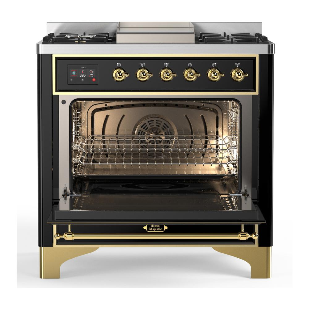 Ilve UM36FQNR3BKG Ilve Um36Fqnr3Bkg Majestic Iii 36 Inch Dual Fuel Range With 6 Black Brass Burners And Griddle, Dual Function Burner Up To 25,000 Btu (Solid Door, Glossy Black, Brass, Natural Gas)
