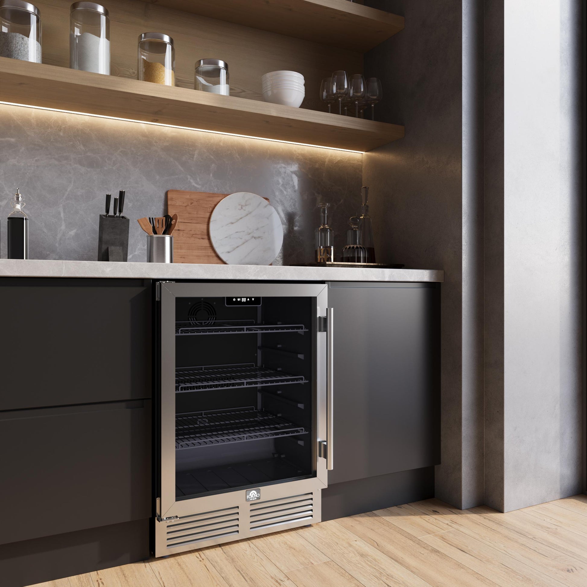 Forno FWCDR666524S Forno Frescolino 24 Inch Beverage Cooler, Stainless Steel, With Led Lighting, Triple Glass Door, 188 Can Capacity, Built-In Or Freestanding