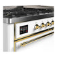 Ilve UM60FQNR3WHGLP Ilve Um60Fqnr3Whglp Majestic Iii 60 Inch Dual Fuel Range With 9 Burners And Griddle, Dual Function Burner Up To 25,000 Btu (Liquid Propane, Solid Door, White, Brass)