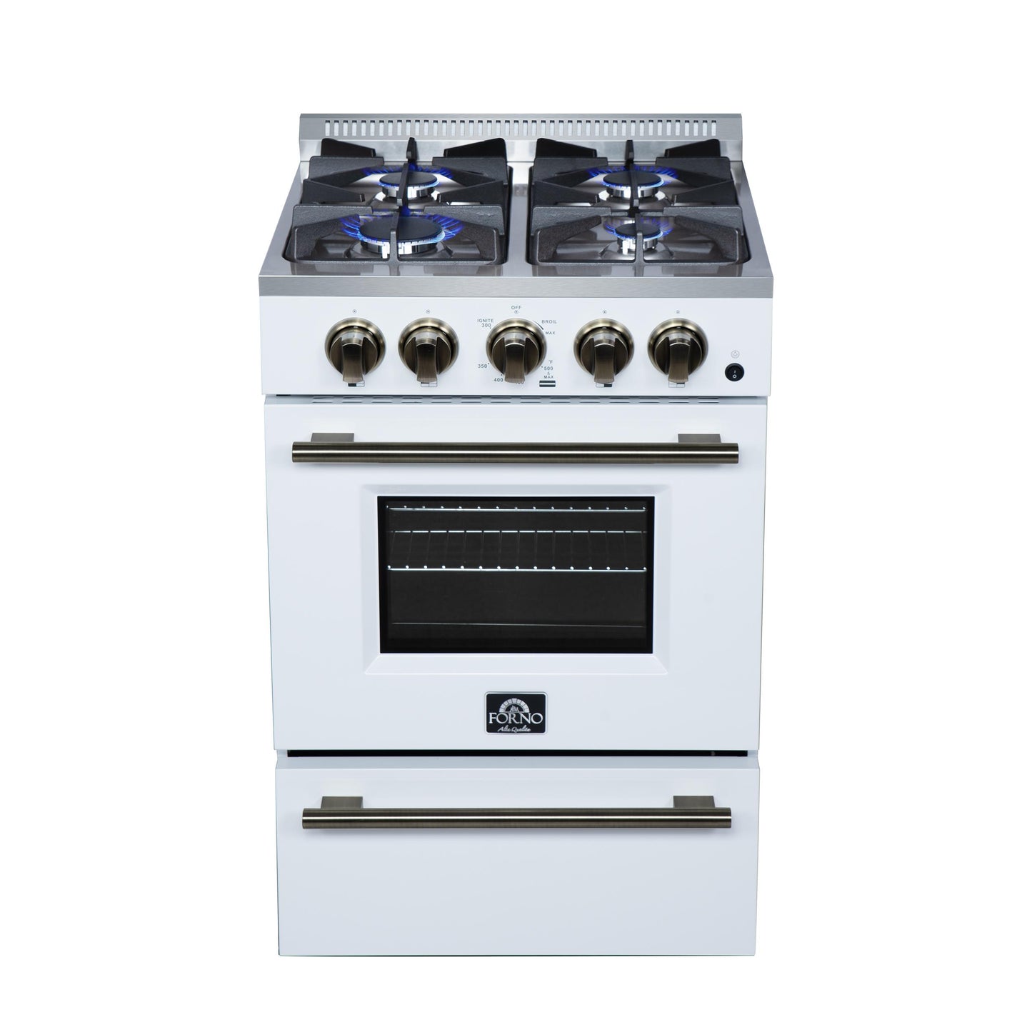 Forno FFSGS627224WHT Forno Breno 24 Inch Freestanding Gas Range In White With Antique Brass, Compact Design