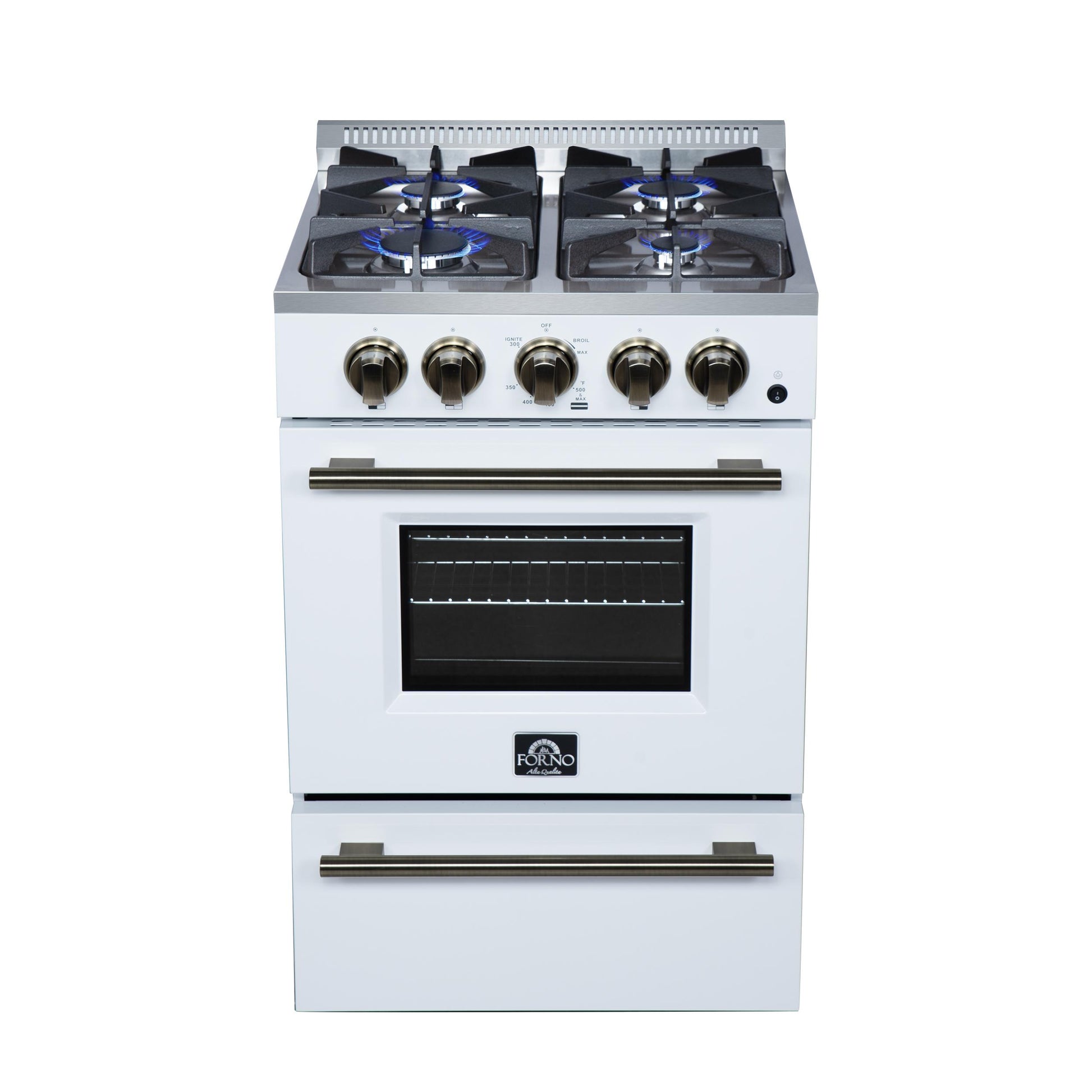 Forno FFSGS627224WHT Forno Breno 24 Inch Freestanding Gas Range In White With Antique Brass, Compact Design