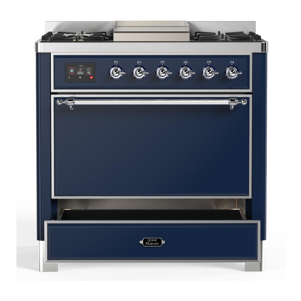 Ilve UM36FQNR3MBCLP Ilve Um36Fqnr3Mbclp Majestic Iii 36 Inch Dual Fuel Range With 6 Black Brass Burners And Griddle, Dual Function Burner Up To 25,000 Btu (Solid Door, Midnight Blue, Chrome, Liquid Propane)