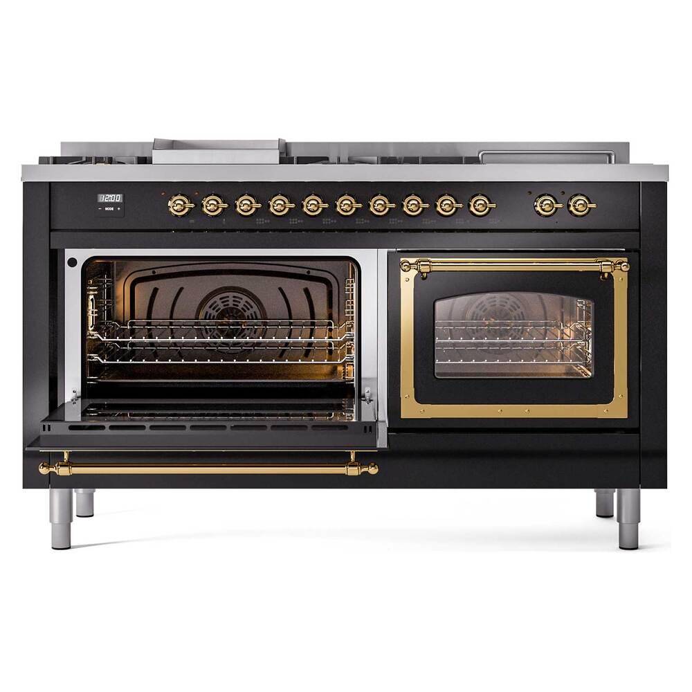 Ilve UN60FSNMPBKGLP Ilve Un60Fsnmpbkglp Nostalgie Ii Noblesse 60" Dual Fuel Range (7 Sealed Burners + Griddle + French Top, Liquid Propane, Triple Glass Door, Glossy Black, Brass)