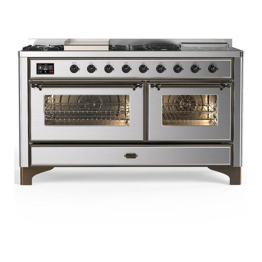 Ilve UM60FSNR3SSB Ilve Um60Fsnr3Ssb Majestic Iii 60 Inch Dual Fuel Range With 7 Burners, Griddle And French Top, Dual Function Burner With Up To 25,000 Btu (Natural Gas, Triple Glass Door, Stainless Steel, Burnished)