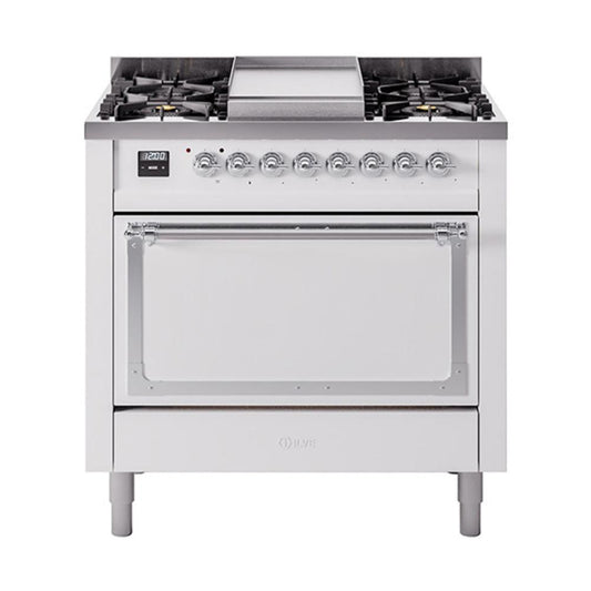 Ilve UN36FQNMPWHCLP Ilve Un36Fqnmpwhclp Nostalgie Ii Noblesse 36" Dual Fuel Range (Liquid Propane, Solid Door, White, Chrome)