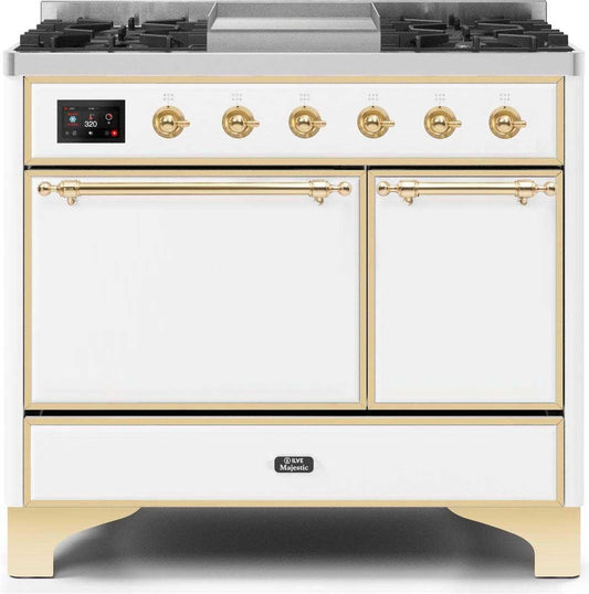 Ilve UMD10FDQNS3WHG Majestic Ii 40 Inch Dual Fuel Natural Gas Freestanding Range In White With Brass Trim