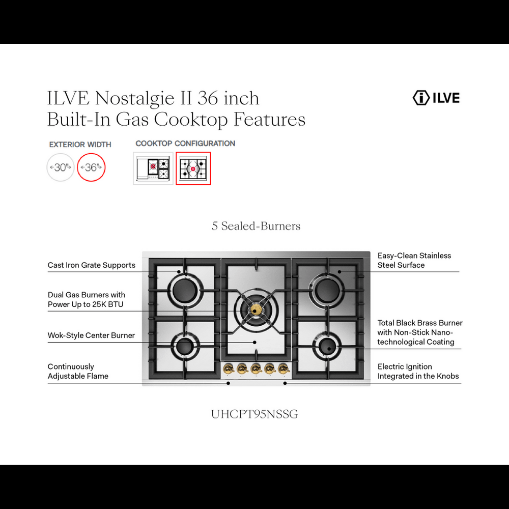 Ilve UHCPT95NSSGLP Ilve Uhcpt95Nssglp Nostalgie Ii 36 Inch Built-In Gas Cooktop With Total Black Brass Burners, In Stainless Steel (5 Sealed Burners, Liquid Propane, Brass)