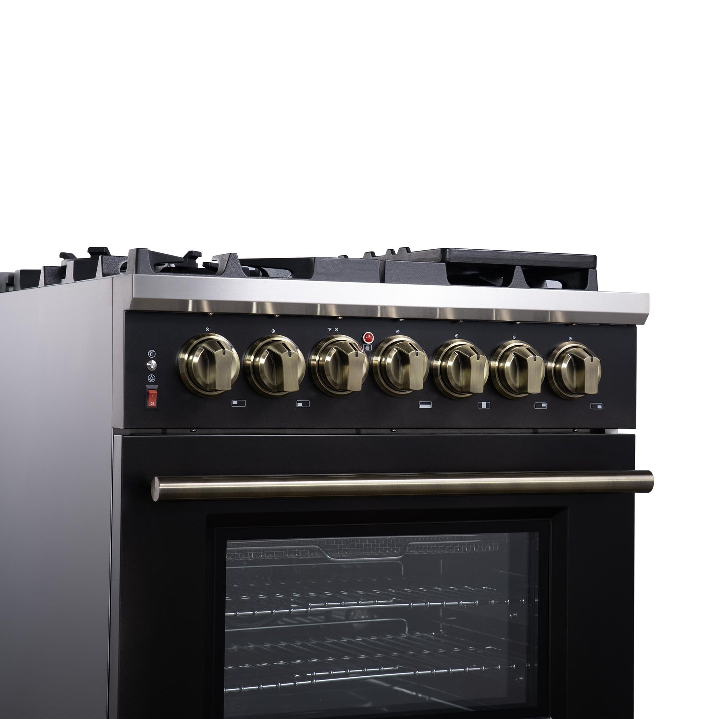 Forno FFSGS612530BLK Forno Massimo 30-Inch Freestanding Dual Fuel Range In Black With Antique Brass Accessories, 4 Burners, 4.32 Cu. Ft. Convection Oven