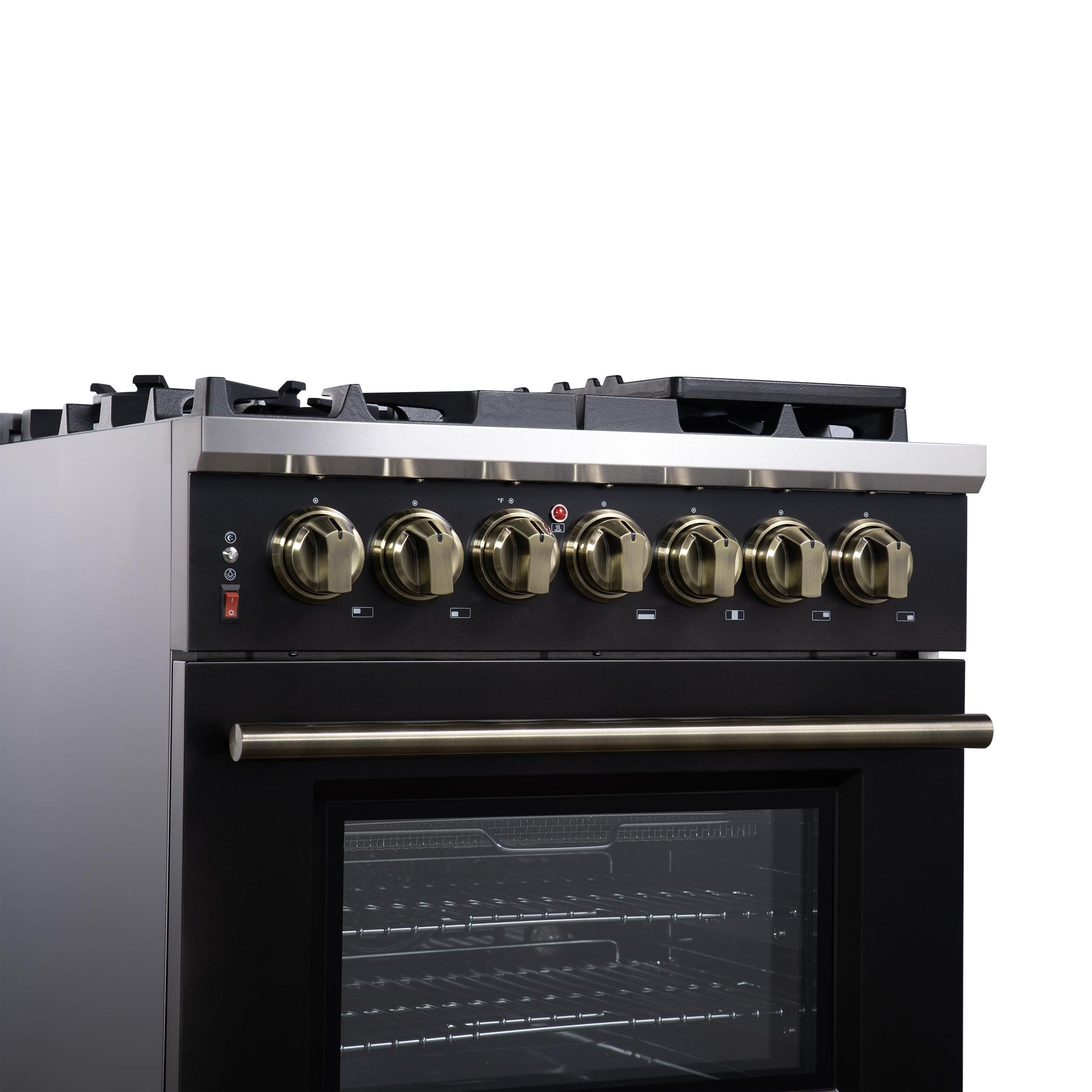 Forno FFSGS612530BLK Forno Massimo 30-Inch Freestanding Dual Fuel Range In Black With Antique Brass Accessories, 4 Burners, 4.32 Cu. Ft. Convection Oven