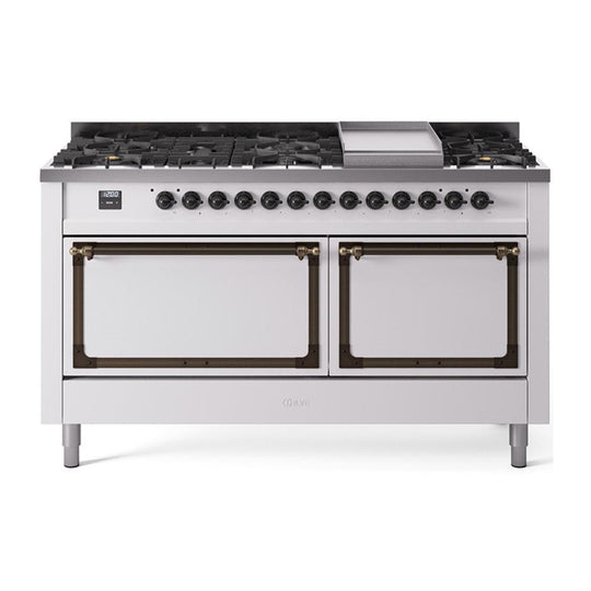 Ilve UN60FQNMPWHB Ilve Un60Fqnmpwhb Nostalgie Ii Noblesse 60" Dual Fuel Range (9 Sealed Burners + Griddle, Natural Gas, Solid Door, White, Burnished)