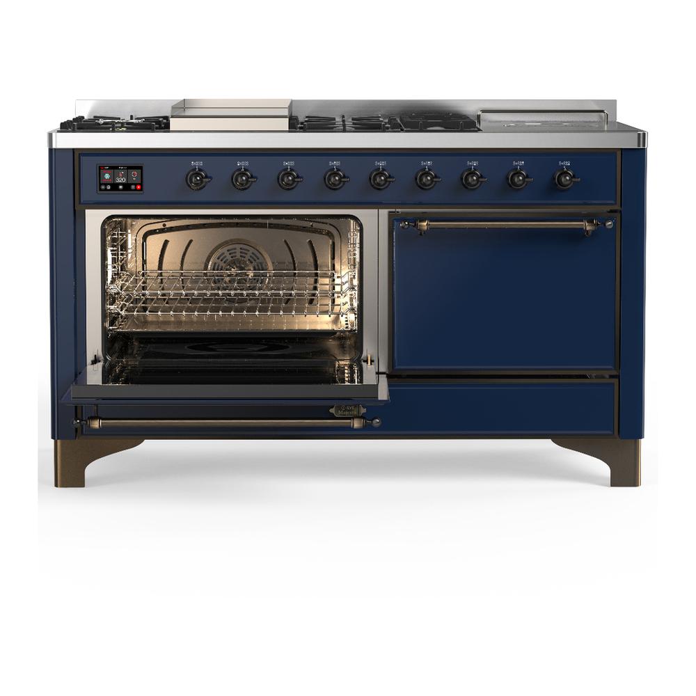Ilve UM60FSQNR3MBB Ilve Um60Fsqnr3Mbb Majestic Iii 60 Inch Dual Fuel Range With 7 Burners, Griddle And French Top, Dual Function Burner With Up To 25,000 Btu (Natural Gas, Solid Door, Midnight Blue, Burnished)