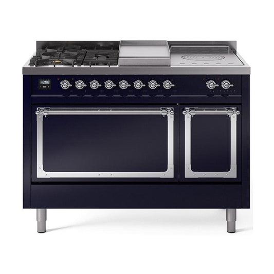 Ilve UN48FSQNMPMBC Ilve Un48Fsqnmpmbc Nostalgie Ii Noblesse 48" Dual Fuel Range (5 Sealed Burners + Griddle + French Top, Natural Gas, Solid Door, Midnight Blue, Chrome)