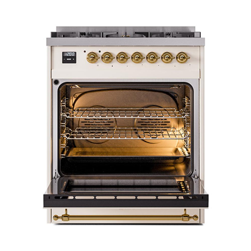 Ilve UN30QNMPAWG Ilve Un30Qnmpawg Nostalgie Ii Noblesse 30" Dual Fuel Range (Natural Gas, Solid Door, Antique White, Brass)