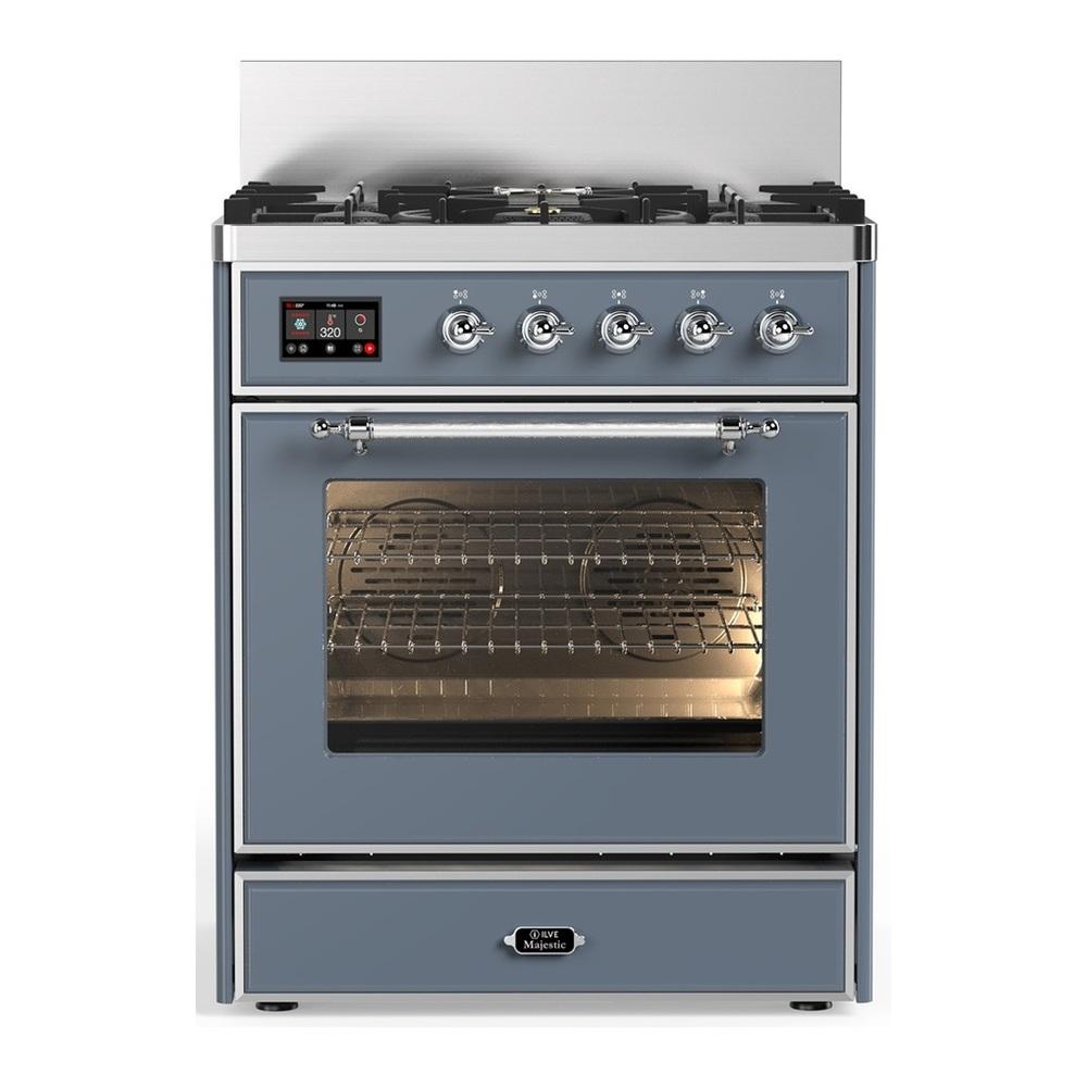 Ilve UM30NR3BGCLP Ilve Um30Nr3Bgclp Majestic Iii 30 Inch Dual Fuel Range With 5 Black Brass Burners, Dual Function Burner Up To 25,000 Btu (Liquid Propane, Triple Glass Door, Blue Grey, Chrome)