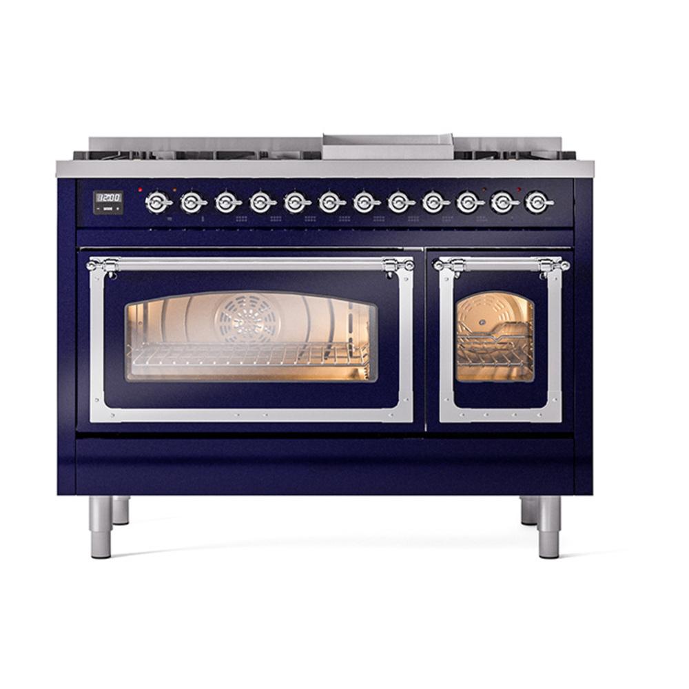 Ilve UN48FNMPMBC Ilve Un48Fnmpmbc Nostalgie Ii Noblesse 48" Dual Fuel Range (8 Sealed Burners + Griddle, Natural Gas, Triple Glass Door, Midnight Blue, Chrome)