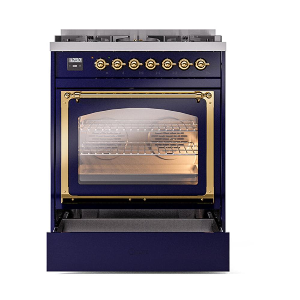 Ilve UN30NMPMBGLP Ilve Un30Nmpmbglp Nostalgie Ii Noblesse 30" Dual Fuel Range (Liquid Propane, Triple Glass Door, Midnight Blue, Brass)