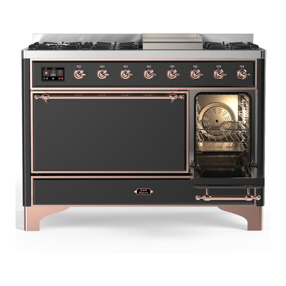 Ilve UM48FQNR3MGPLP Ilve Um48Fqnr3Mgplp Majestic Iii 48 Inch Dual Fuel Range With 8 Burners And Griddle, Dual Function Burner Up To 25,000 Btu (Liquid Propane, Solid Door, Graphite Matte, Copper)