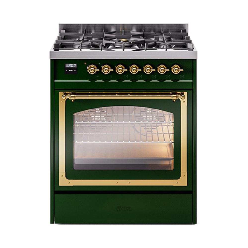 Ilve UN30NMPEGGLP Ilve Un30Nmpegglp Nostalgie Ii Noblesse 30" Dual Fuel Range (Liquid Propane, Triple Glass Door, Emerald Green, Brass)