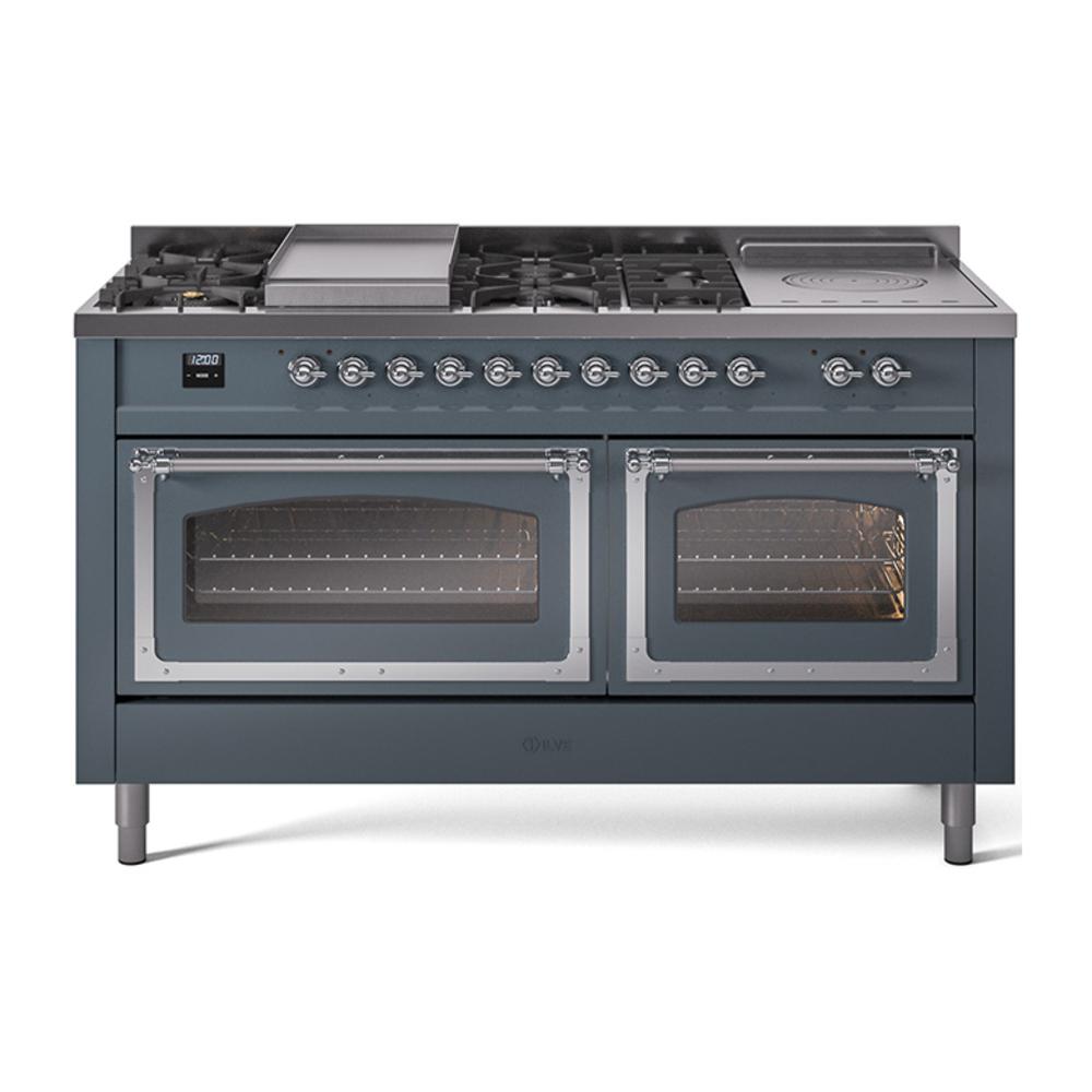 Ilve UN60FSNMPBGCLP Ilve Un60Fsnmpbgclp Nostalgie Ii Noblesse 60" Dual Fuel Range (7 Sealed Burners + Griddle + French Top, Liquid Propane, Triple Glass Door, Blue Grey, Chrome)