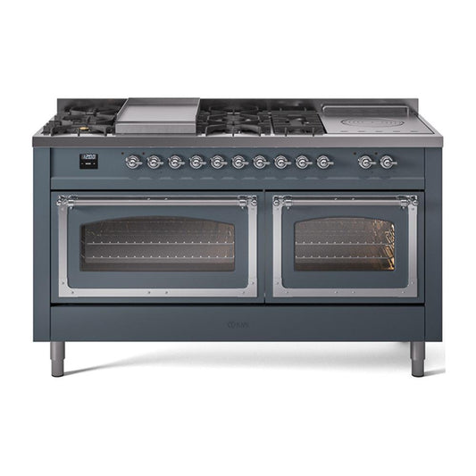 Ilve UN60FSNMPBGCLP Ilve Un60Fsnmpbgclp Nostalgie Ii Noblesse 60" Dual Fuel Range (7 Sealed Burners + Griddle + French Top, Liquid Propane, Triple Glass Door, Blue Grey, Chrome)
