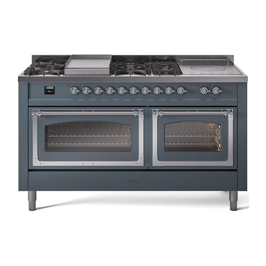 Ilve UN60FSNMPBGCLP Ilve Un60Fsnmpbgclp Nostalgie Ii Noblesse 60" Dual Fuel Range (7 Sealed Burners + Griddle + French Top, Liquid Propane, Triple Glass Door, Blue Grey, Chrome)