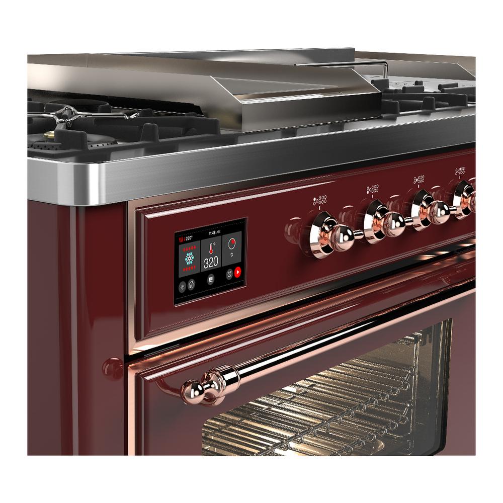 Ilve UM60FSNR3BUPLP Ilve Um60Fsnr3Buplp Majestic Iii 60 Inch Dual Fuel Range With 7 Burners, Griddle And French Top, Dual Function Burner With Up To 25,000 Btu (Liquid Propane, Triple Glass Door, Burgundy, Copper)