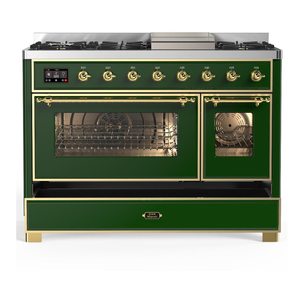 Ilve UM48FNR3EGG Ilve Um48Fnr3Egg Majestic Iii 48 Inch Dual Fuel Range With 8 Burners And Griddle, Dual Function Burner Up To 25,000 Btu (Natural Gas, Triple Glass Door, Emerald Green, Brass)