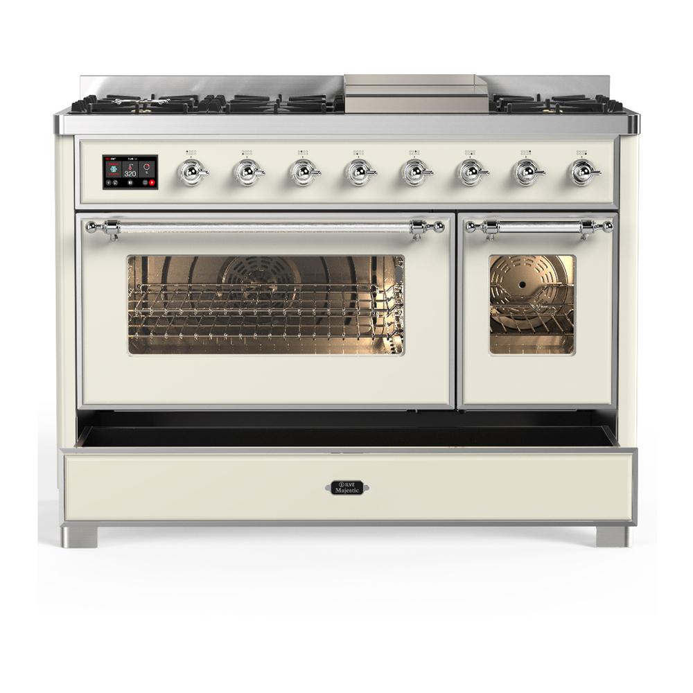 Ilve UM48FNR3AWCLP Ilve Um48Fnr3Awclp Majestic Iii 48 Inch Dual Fuel Range With 8 Burners And Griddle, Dual Function Burner Up To 25,000 Btu (Liquid Propane, Triple Glass Door, Antique White, Chrome)