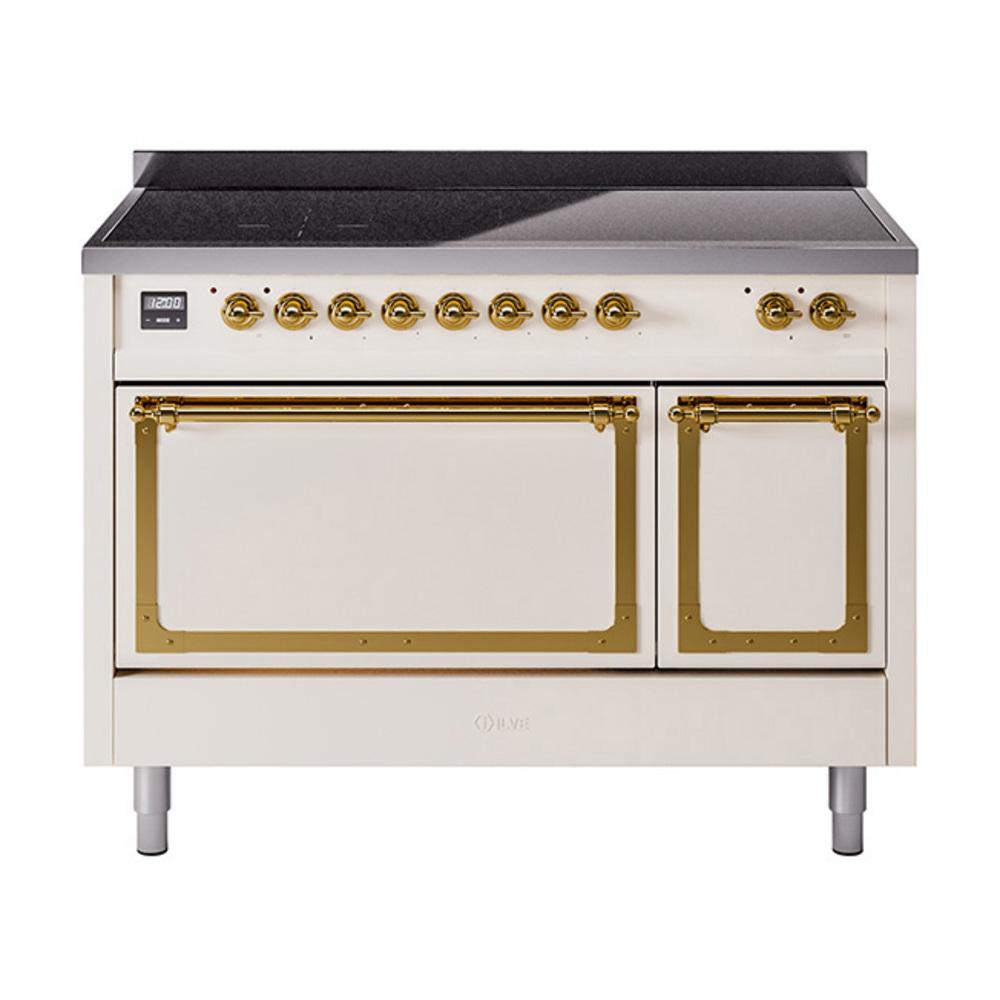 Ilve UNI486QNMPAWG Ilve Uni486Qnmpawg Nostalgie Ii Noblesse 48" Induction Range (Solid Door, Antique White, Brass)