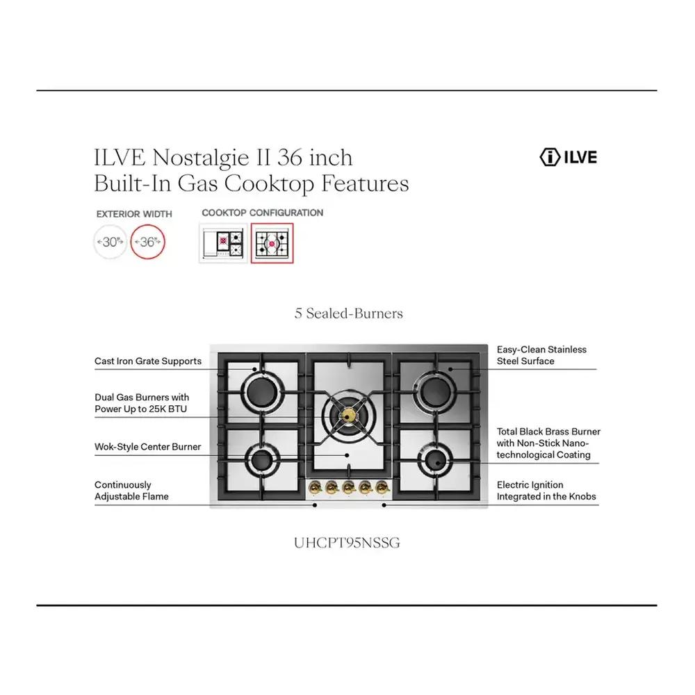 Ilve UHCPT95NSSC Ilve Uhcpt95Nssc Nostalgie Ii 36 Inch Built-In Gas Cooktop With Total Black Brass Burners, In Stainless Steel (5 Sealed Burners, Natural Gas, Chrome)