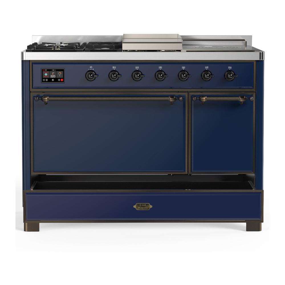 Ilve UM48FSQNR3MBB Ilve Um48Fsqnr3Mbb Majestic Iii 48 Inch Dual Fuel Range With 5 Black Brass Burners, Griddle And French Top, Dual Function Burner Up To 25,000 Btu (Natural Gas, Solid Door, Midnight Blue, Burnished)