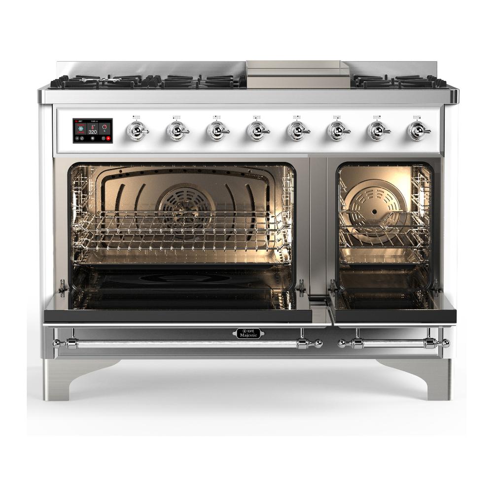 Ilve UM48FNR3WHCLP Ilve Um48Fnr3Whclp Majestic Iii 48 Inch Dual Fuel Range With 8 Burners And Griddle, Dual Function Burner Up To 25,000 Btu (Liquid Propane, Triple Glass Door, White, Chrome)