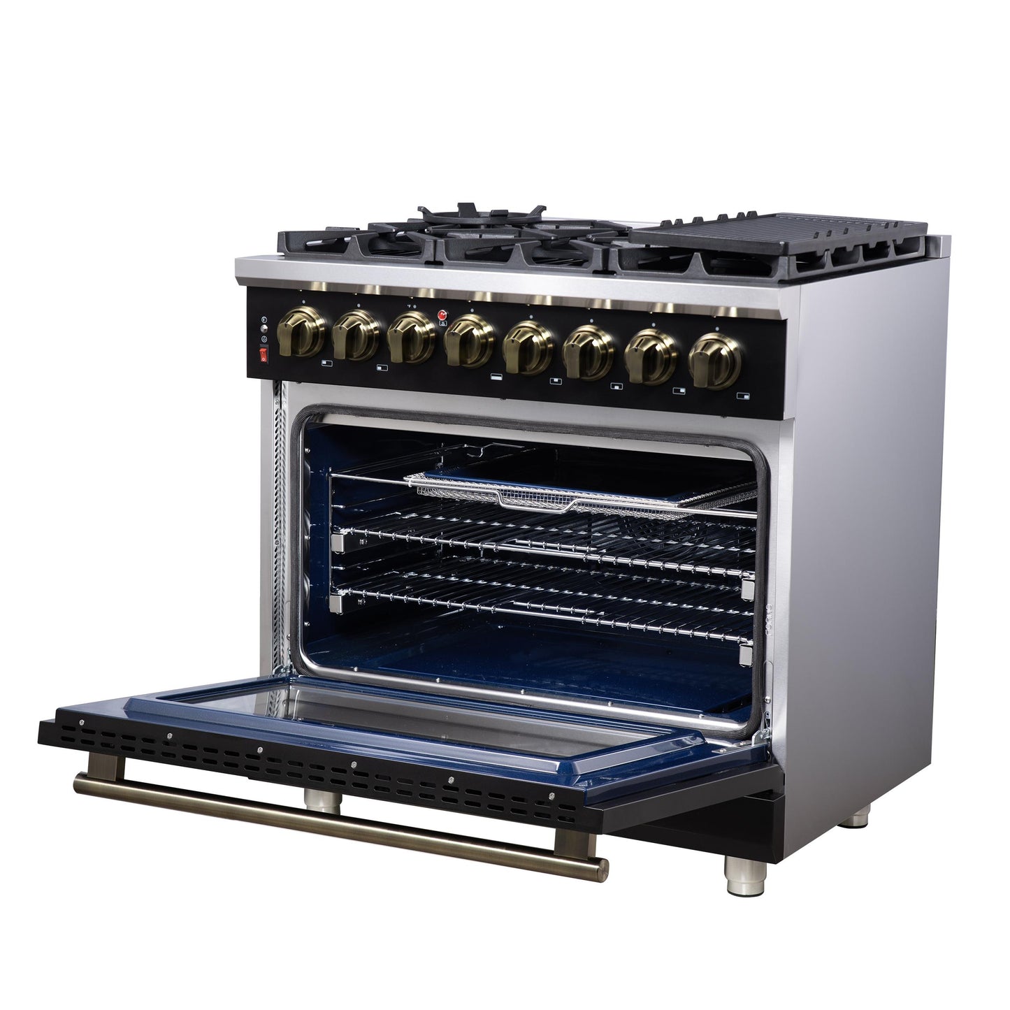 Forno FFSGS612536BLK Forno Massimo 36 Inch Freestanding Dual Fuel Range In Black With Antique Brass Accessories, 6 Burners, 5.36 Cu. Ft. Convection Oven