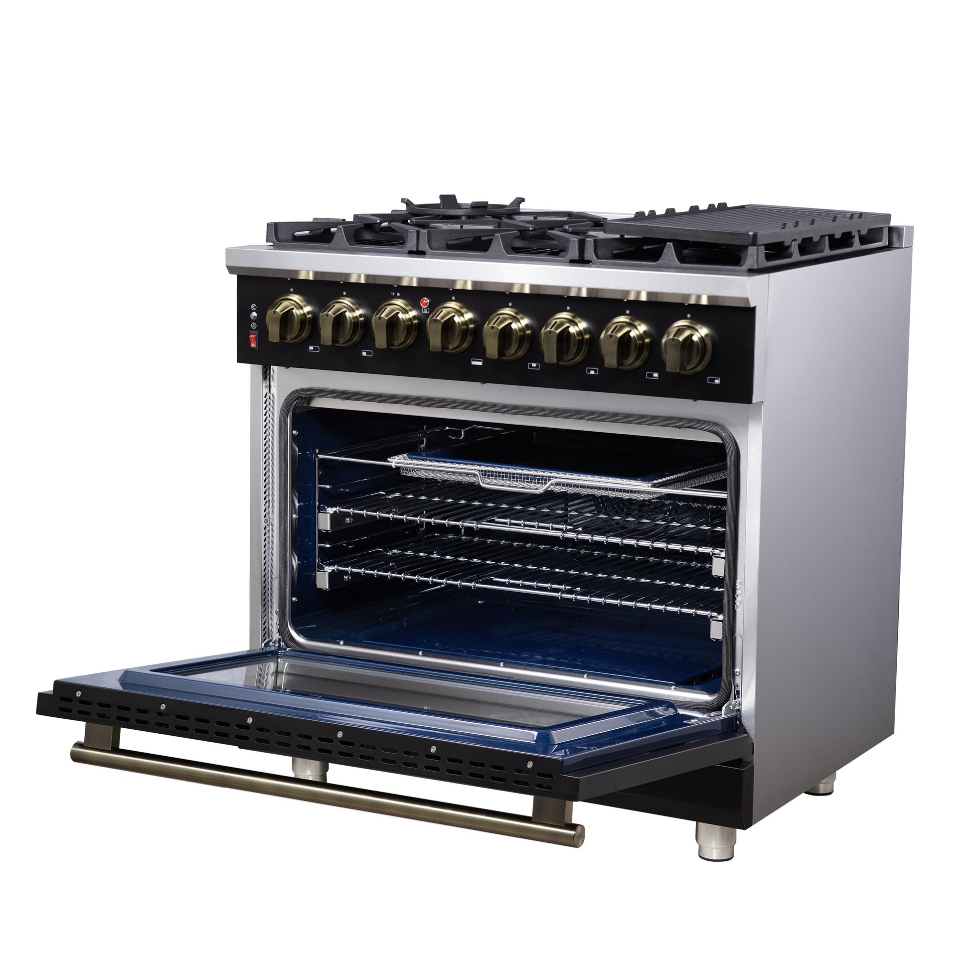 Forno FFSGS612536BLK Forno Massimo 36 Inch Freestanding Dual Fuel Range In Black With Antique Brass Accessories, 6 Burners, 5.36 Cu. Ft. Convection Oven