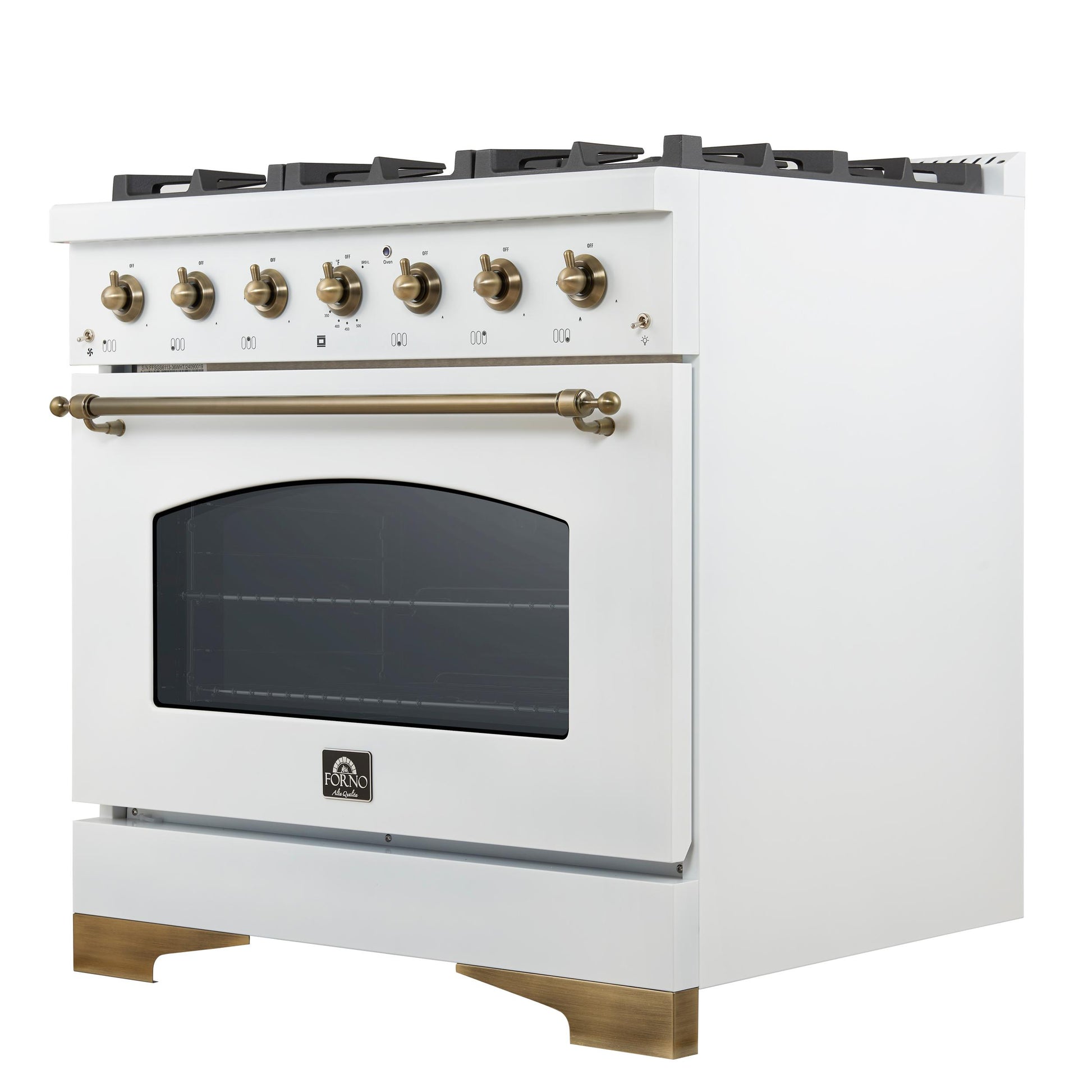 Forno FFSGS611336WHT Forno Antico 36-Inch Dual Fuel Range White And Antique Brass Design With 6 Sealed Gas Burners And Electric Convection Oven