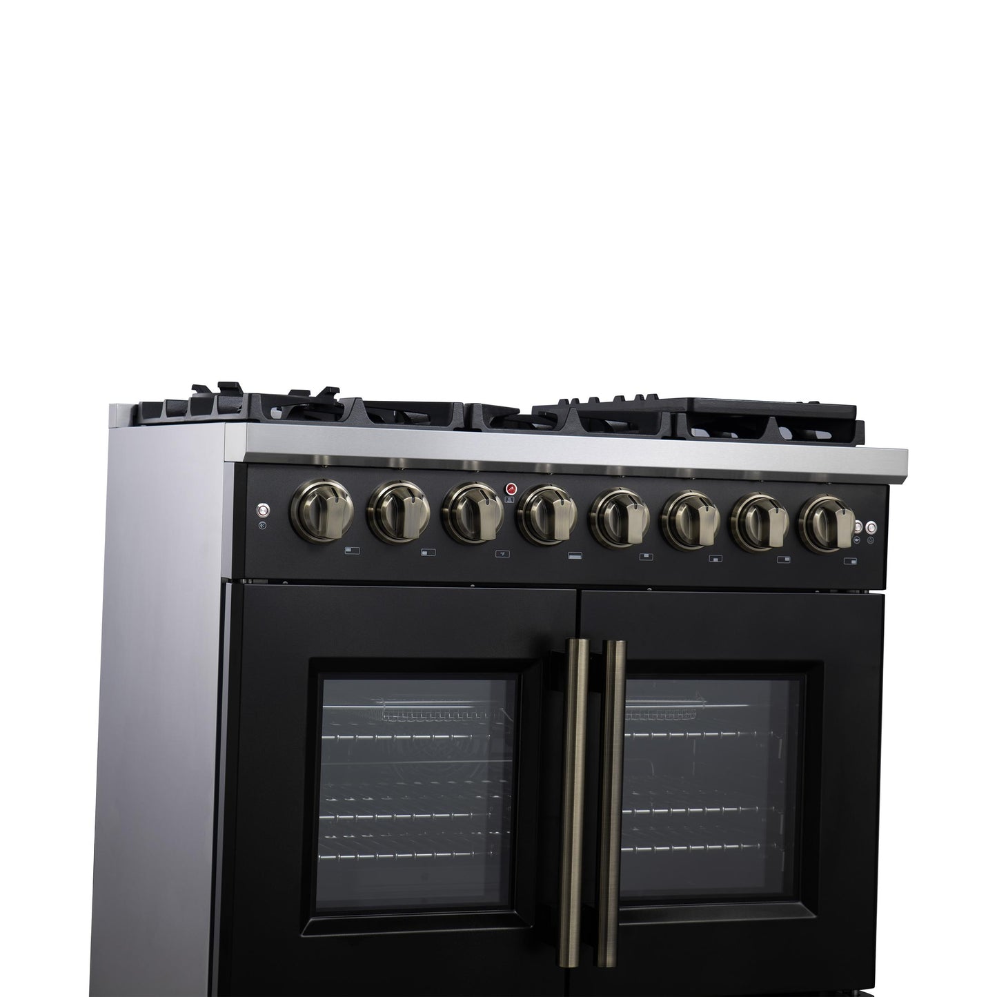 Forno FFSGS638736BLK Forno Capriasca 36 Inch Freestanding French Door Dual Fuel Range In Black With Antique Brass Accessories, 6 Burners, True Convection Oven