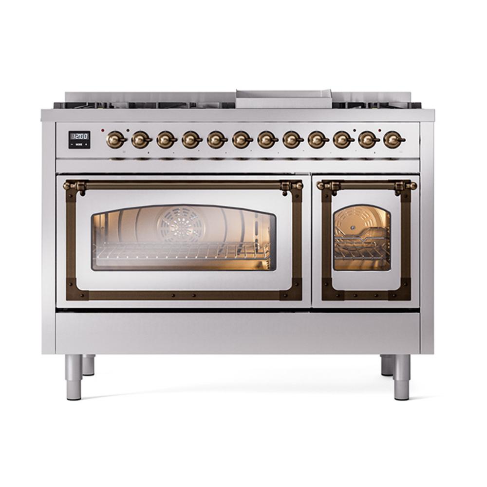 Ilve UN48FNMPSSBLP Ilve Un48Fnmpssblp Nostalgie Ii Noblesse 48" Dual Fuel Range (8 Sealed Burners + Griddle, Liquid Propane, Triple Glass Door, Stainless Steel, Burnished)