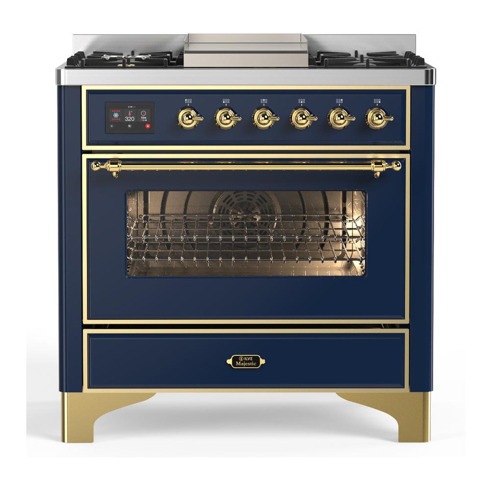 Ilve UM36FNR3MBGLP Ilve Um36Fnr3Mbglp Majestic Iii 36 Inch Dual Fuel Range With 6 Black Brass Burners And Griddle, Dual Function Burner Up To 25,000 Btu (Triple Glass Door, Midnight Blue, Brass, Liquid Propane)